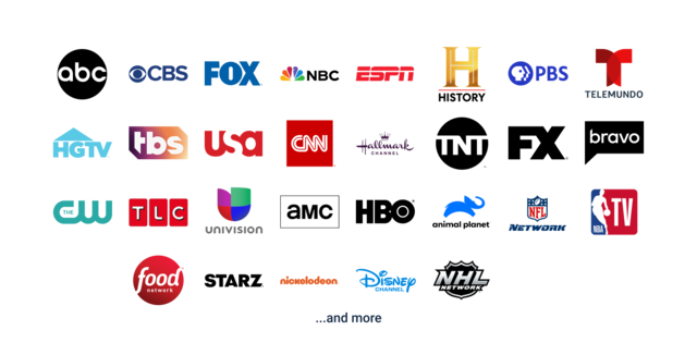 Channel logos including ABC, FOX, ESPN, HBO, Disney, AMC, and more displayed in a grid layout.