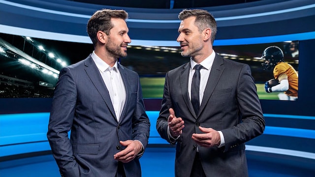 Two sports commentators in suits talking in a studio with stadium and football images on screens behind them.