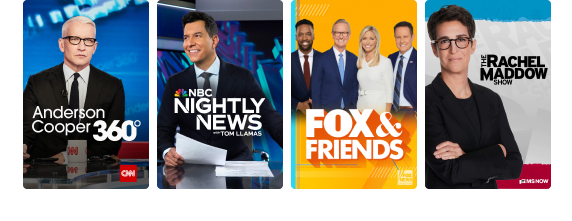Programming tiles for Anderson Cooper 360, NBC Nightly News, The Source with Kaitlan Collins, and The Rachel Maddow Show.